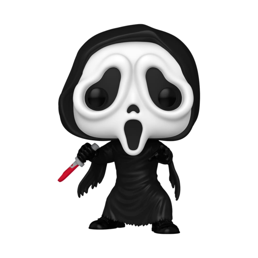 Funko Pop do Ghostface do filme Pânico (Scream), em sua túnica preta, segurando uma faca.