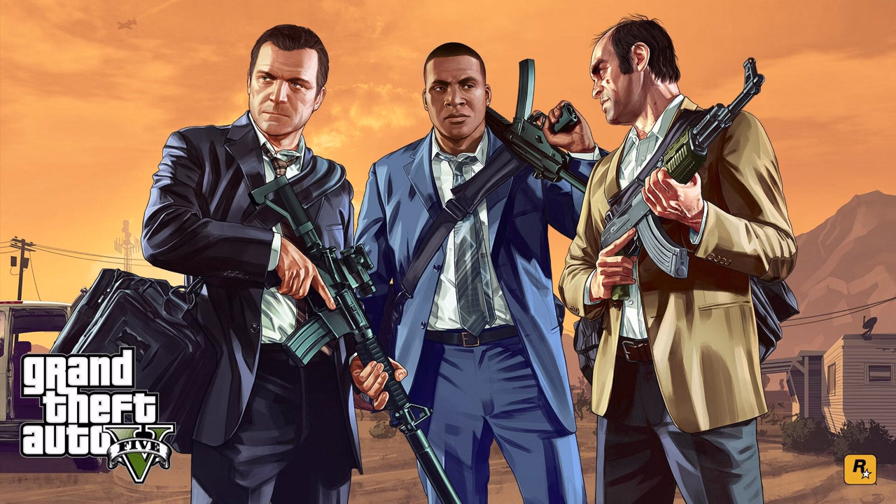 Três protagonistas de GTA V (Michael, Franklin e Trevor) segurando armas, em um banner do jogo.