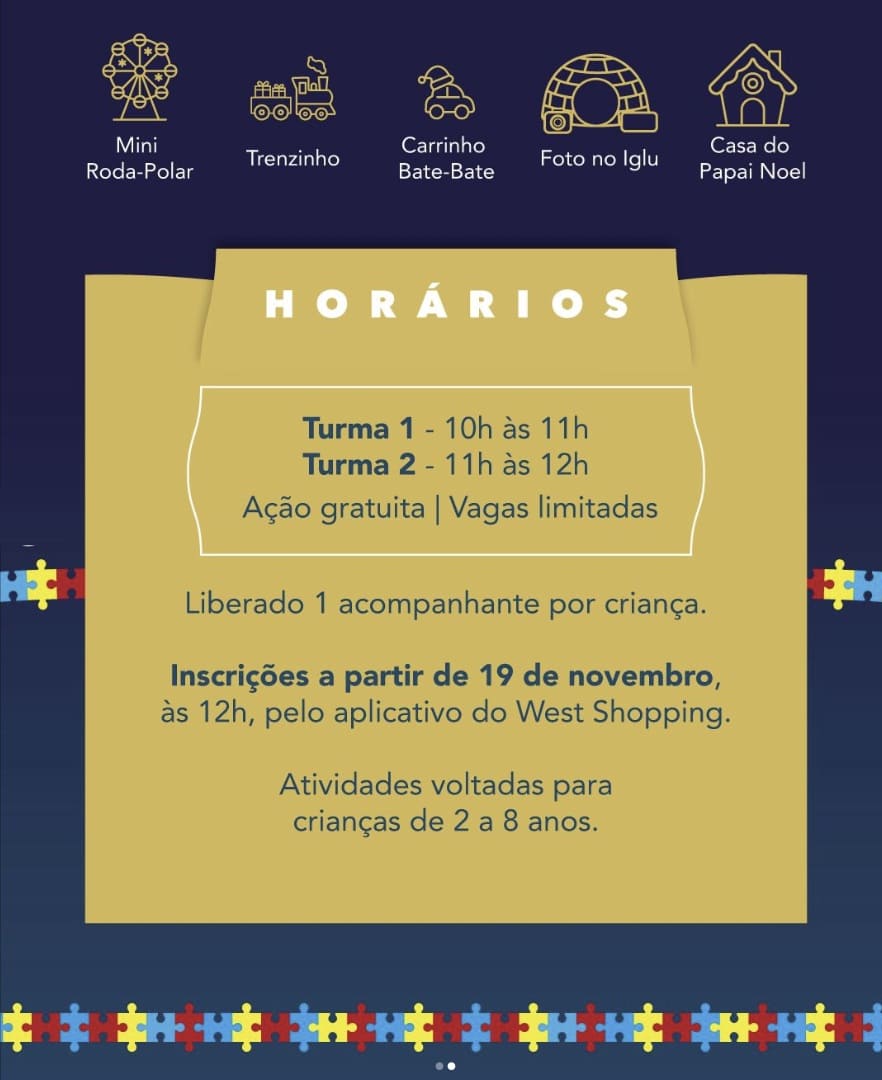 Imagem de um banner de horários para atividades infantis inclusivas. Ícones no topo representam "Mini Roda-Polar", "Trenzinho", "Carrinho Bate-Bate", "Foto no Iglu" e "Casa do Papai Noel". A área central informa os horários e detalhes de inscrição.