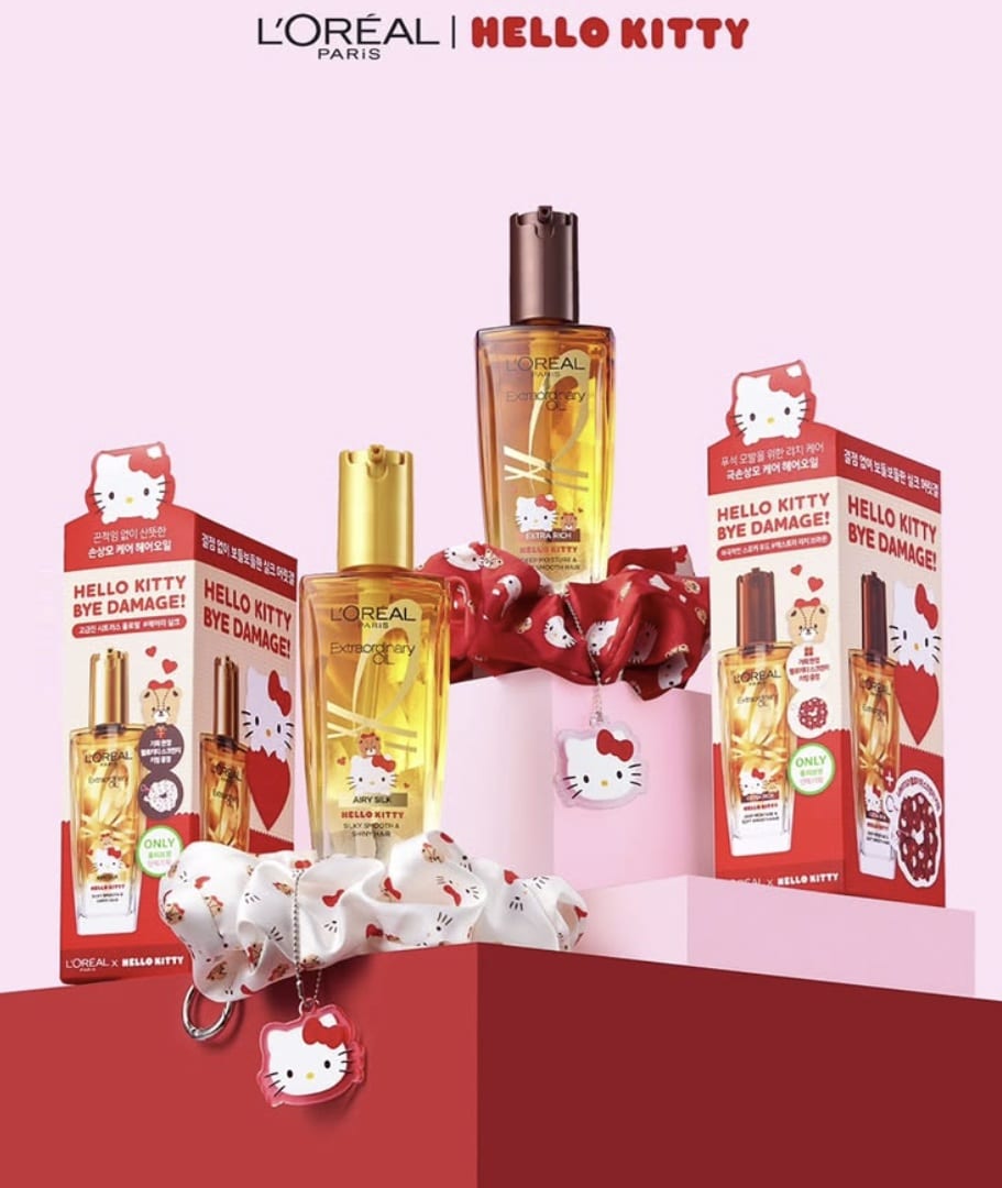 Produtos de cabelo L'Oréal Paris Extraordinary Oil e kit Elseve Total Repair, colaboração Hello Kitty.