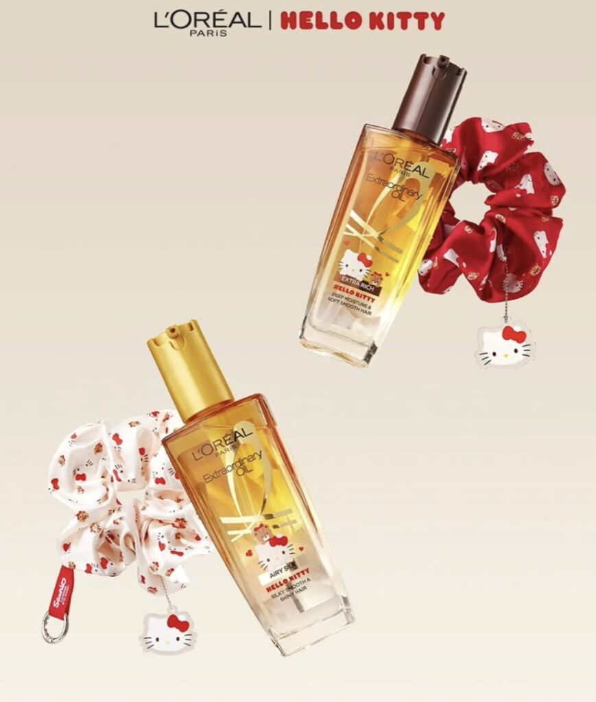 Óleos capilares L'Oréal Paris Extraordinary Oil, edição limitada Hello Kitty, com scrunchies e pingentes.