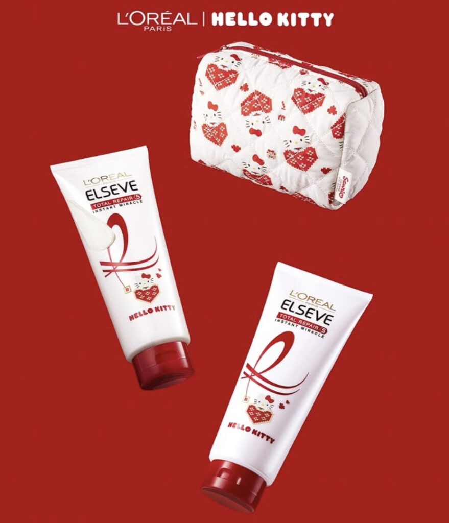 Dois tubos de L'Oréal Elseve Total Repair Instant Miracle Hello Kitty e necessaire estampada.