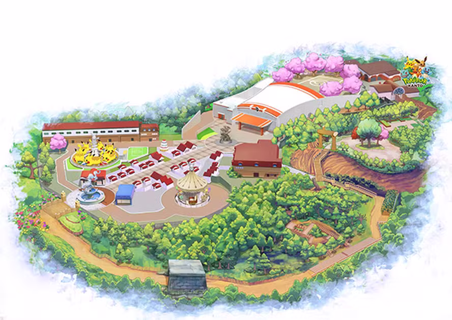 Mapa conceitual artístico e colorido do futuro PokéPark Kanto, mostrando a disposição das áreas do parque com edifícios, atrações temáticas e muita vegetação.