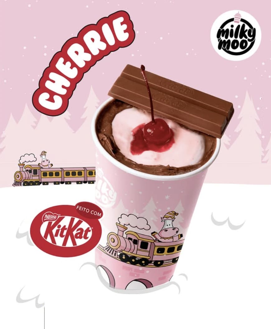 Milkshake Cherrie da Milky Moo com KitKat e calda de cereja, em embalagem rosa com um trem.
