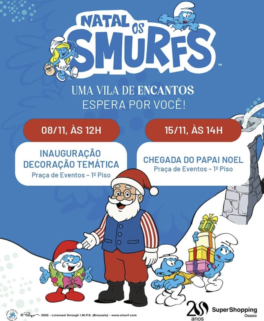 Cartaz de Natal do SuperShopping Osasco com o tema Os Smurfs. O evento terá Inauguração da Decoração em 08/11 e Chegada do Papai Noel em 15/11.