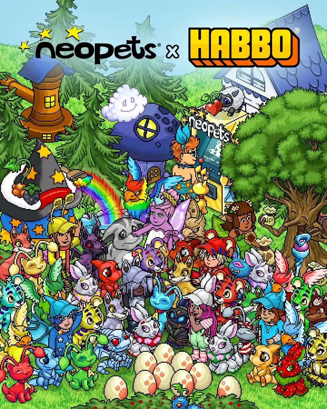 Banner promocional pixelado da colaboração Neopets e Habbo Hotel, com uma multidão de avatares Habbo e Neopets em um cenário campestre.