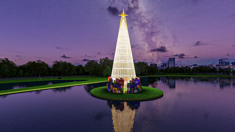 Árvore de Natal cônica e iluminada flutuando sobre um lago, rodeada por grandes presentes decorativos, refletida na água sob um céu noturno com a Via Láctea.