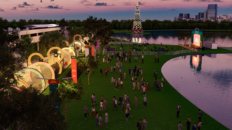 Vista aérea renderizada de um evento natalino da Disney em um parque à beira do lago, com pessoas, grandes decorações de orelhas do Mickey iluminadas, uma árvore de Natal gigante e um palco flutuante.