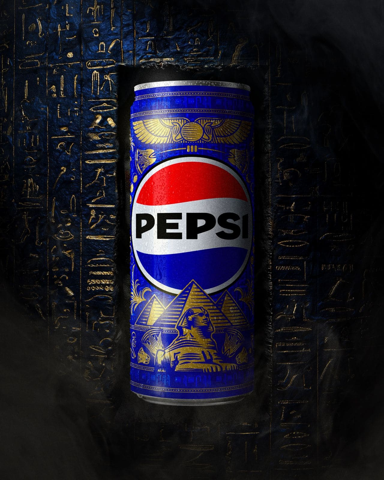 Lata de Pepsi de edição especial Egito (azul e dourada) centralizada em um fundo escuro com hieróglifos dourados gravados.