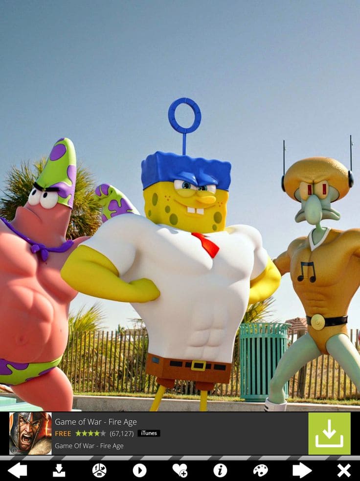 🖼️ Texto Alternativo (Curto) Patrick, Bob Esponja e Lula Molusco em versões musculosas, em uma imagem que também exibe um anúncio de 'Game of War - Fire Age' na parte inferior.