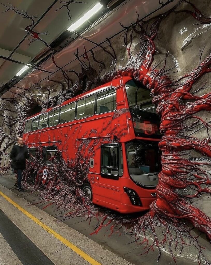 Um ônibus de dois andares vermelho (London bus) aparece semi-enterrado ou esmagado em um túnel de metrô ou passagem subterrânea, cercado por grossas e escuras vinhas vermelhas que parecem estar saindo das paredes. Uma pessoa caminha à esquerda.