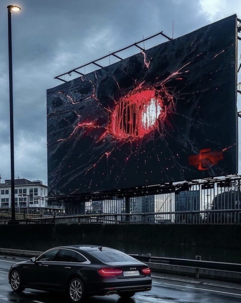 Um outdoor digital gigante sobre uma estrada escura exibindo uma imagem do Mundo Invertido, com uma superfície preta rachada e um rasgo central brilhando intensamente em vermelho, simulando um portal. Um carro escuro passa na estrada chuvosa abaixo.