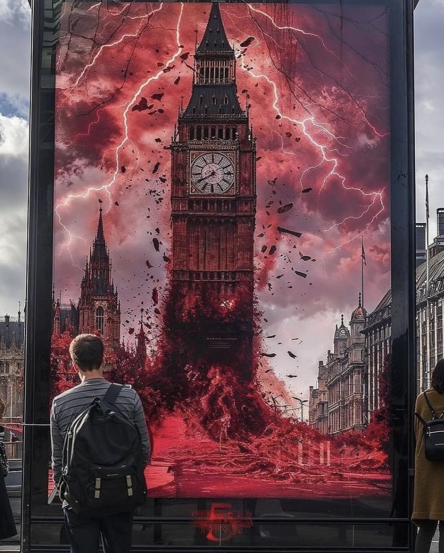 Cartaz vertical em um display de rua mostrando uma montagem dramática do Big Ben (Elizabeth Tower) de Londres sendo destruído por uma tempestade vermelha e relâmpagos, com destroços e vinhas escuras no chão. Uma pessoa de costas com uma mochila observa a imagem.