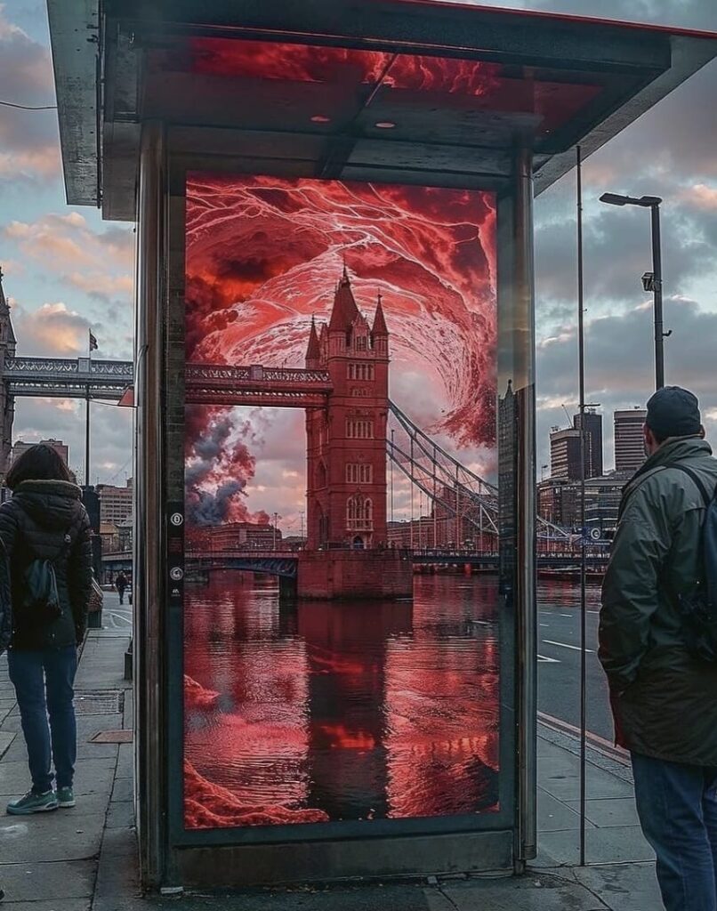 Display digital de rua mostrando a Tower Bridge de Londres refletida na água com uma coloração vermelha intensa e escura. Um grande vórtice ou tempestade vermelha e enevoada domina o céu acima da ponte. Duas pessoas de costas observam a imagem.