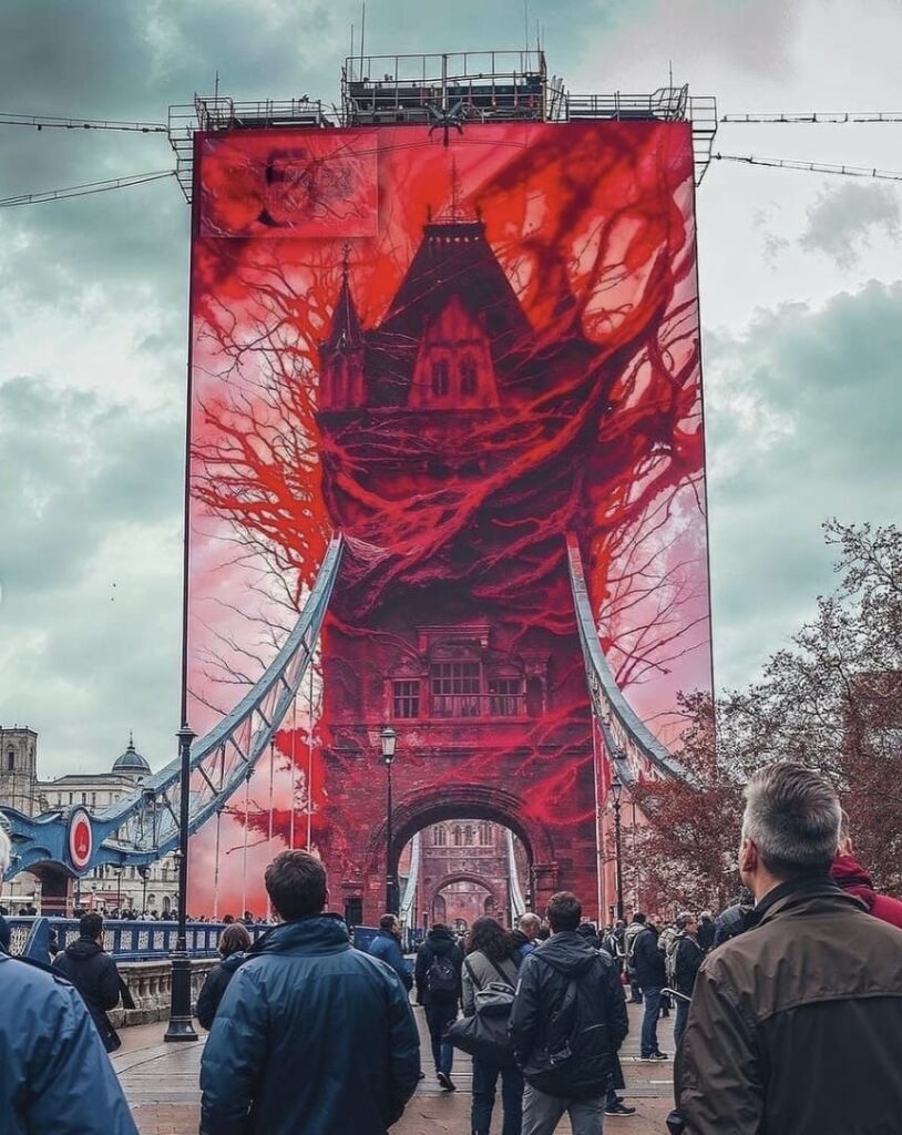 Fachada da Tower Bridge de Londres coberta por um enorme banner vermelho e escuro, representando o Mundo Invertido de Stranger Things com vinhas monstruosas ao redor de uma torre gótica. Pessoas caminham sobre a ponte, de costas, olhando para a instalação.