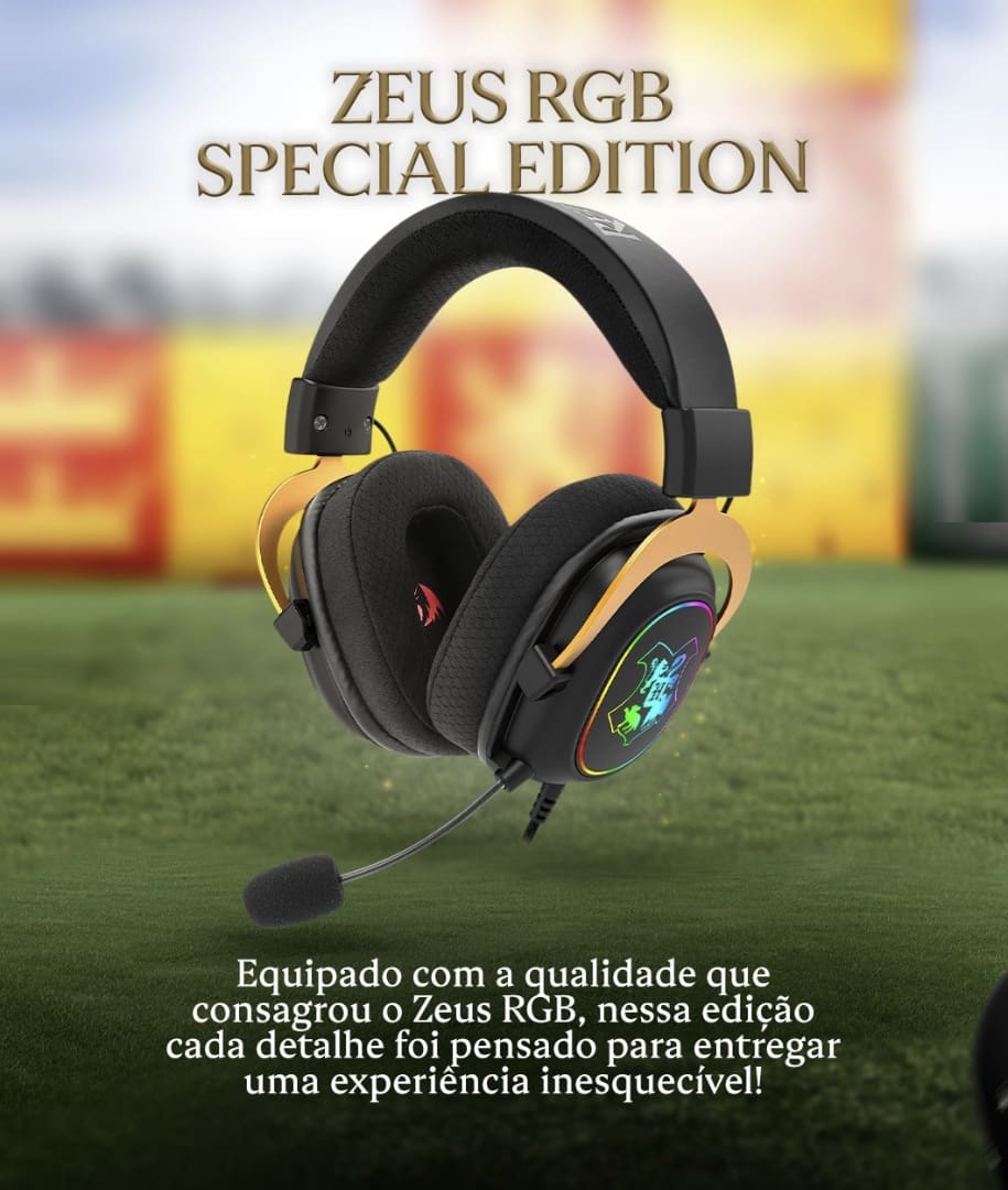 Headset gamer Zeus RGB Special Edition da Redragon em preto e dourado, com microfone e iluminação RGB, sobre um fundo verde de grama.