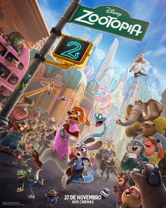 Pôster de Zootopia 2 com Judy Hopps, Nick Wilde e outros animais em uma rua movimentada da cidade.