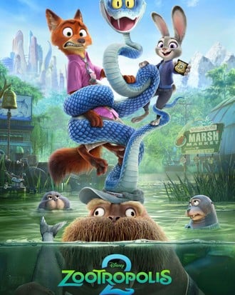 Pôster de Zootopia 2: Judy Hopps e Nick Wilde correndo em meio a uma multidão de animais na cidade, com a data "27 de Novembro nos Cinemas".