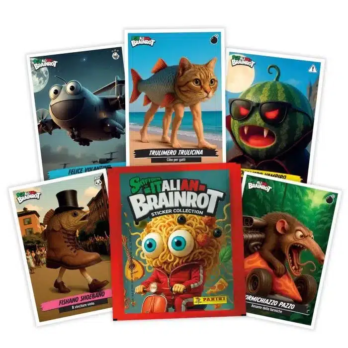 Seis cards colecionáveis e um álbum de figurinhas da coleção "Super Italian Brainrot - Sticker Collection" da Panini, mostrando ilustrações surreais como um gato com corpo de peixe, um sapato com corpo de peixe e um rato em um carro de corrida.