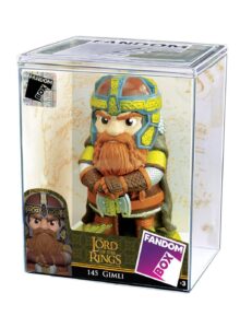 Boneco colecionável do personagem Gimli do filme "O Senhor dos Anéis", embalado em uma caixa transparente da marca Fandom Box.
