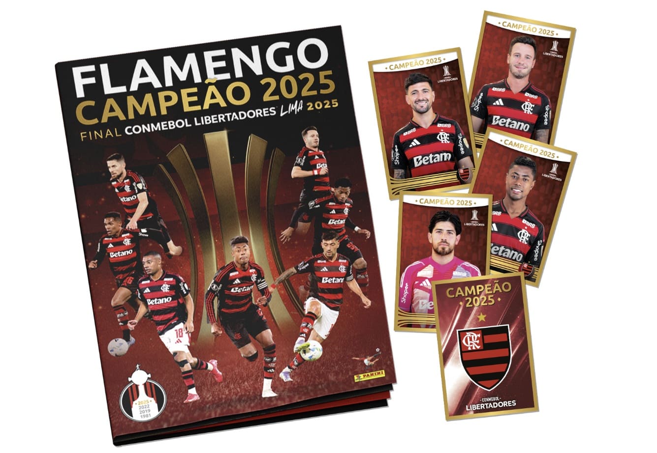 Álbum de figurinhas Panini "Flamengo Campeão 2025" da Copa Conmebol Libertadores, com figurinhas de jogadores e o escudo do clube dispostas ao redor.