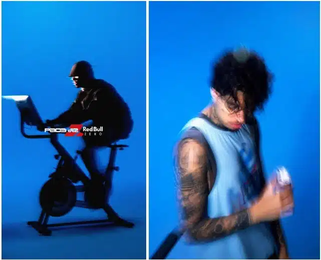 Composição de duas fotos com fundo azul vibrante: à esquerda, a silhueta de um homem em uma bicicleta ergométrica com logotipos da Red Bull; à direita, um close-up desfocado de um homem tatuado vestindo uma regata azul.