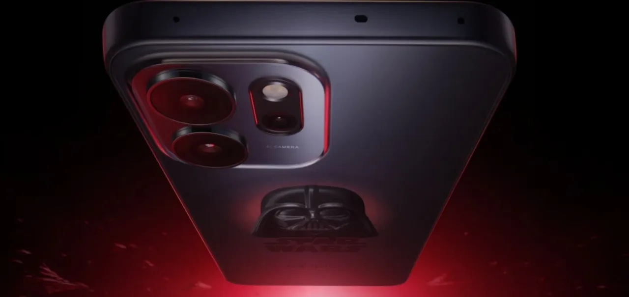Detalhe da traseira do smartphone Oppo Reno 14 F 5G Dark Side Limited Edition, mostrando o módulo de câmera e o emblema de Darth Vader e Star Wars.